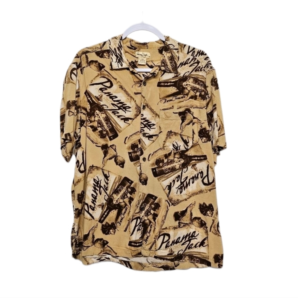 Panama Jack Brown Rum Bottle Button Up Shirt 100% Rayon  Size L